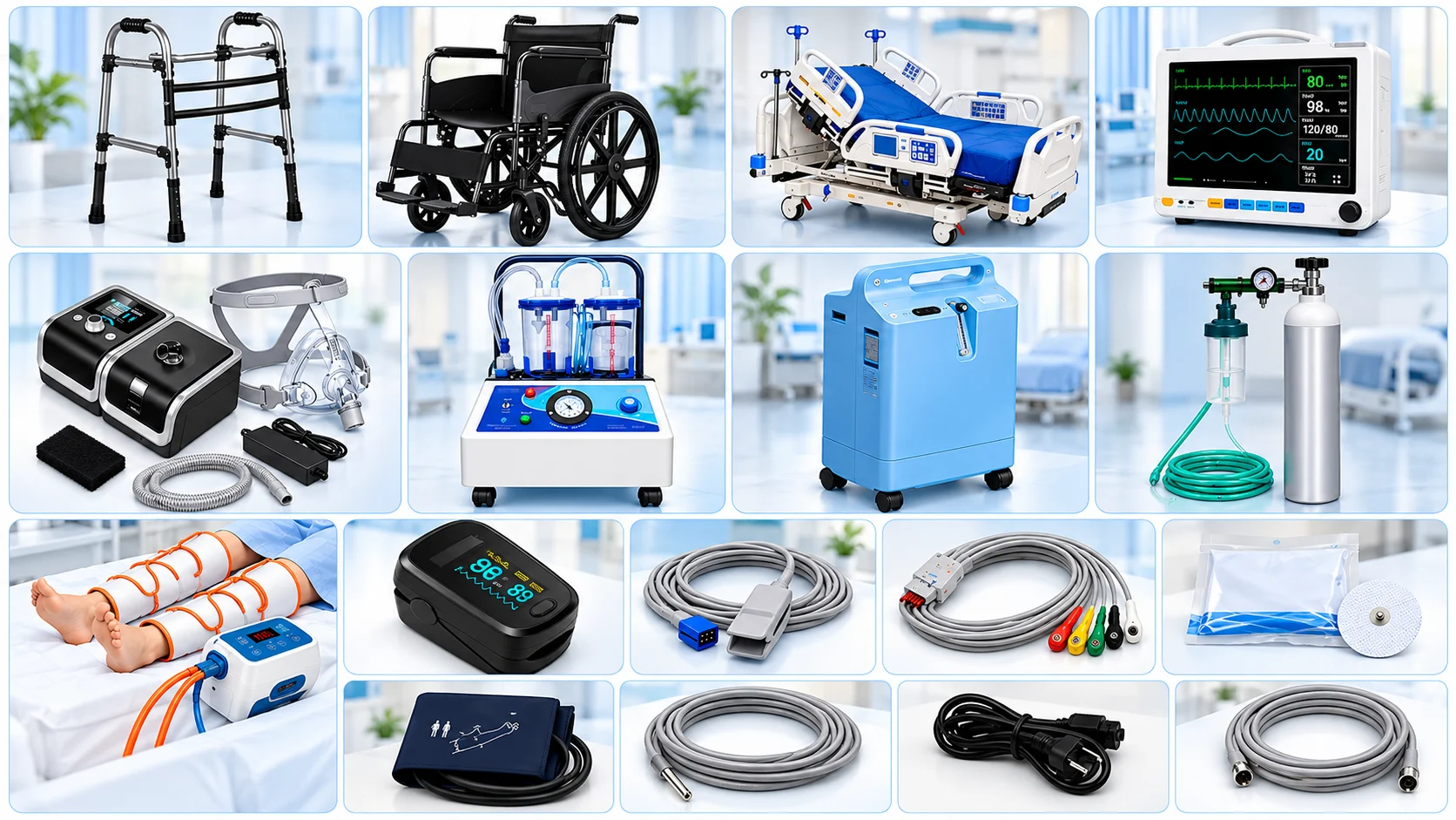 Range of medical equipment available for rental and sale from 24 Life Home Care, including walker, wheelchair, hospital bed, patient monitor, CPAP machine, suction machine, oxygen concentrator, oxygen cylinder, DVT pump and pulse oximeter